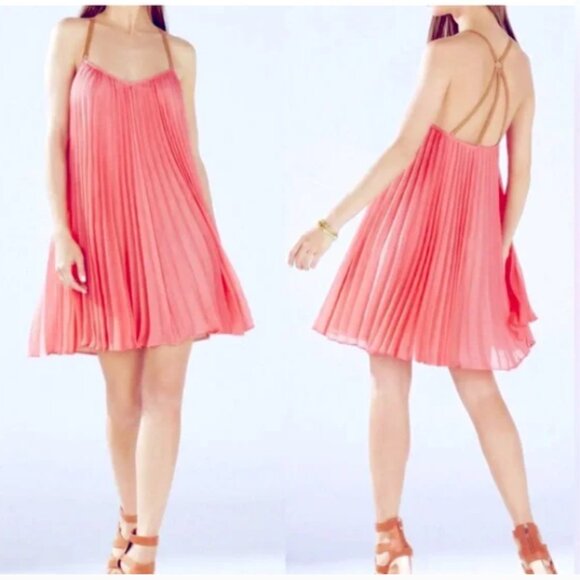 BCBGMaxAzria Cayanne Pleated Dress with Tan Leather Straps in Pink Small - Picture 1 of 15